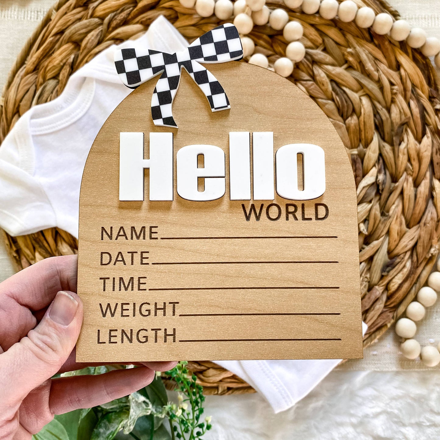 Hello World Birth Stat Sign - Checkered Bow: Black