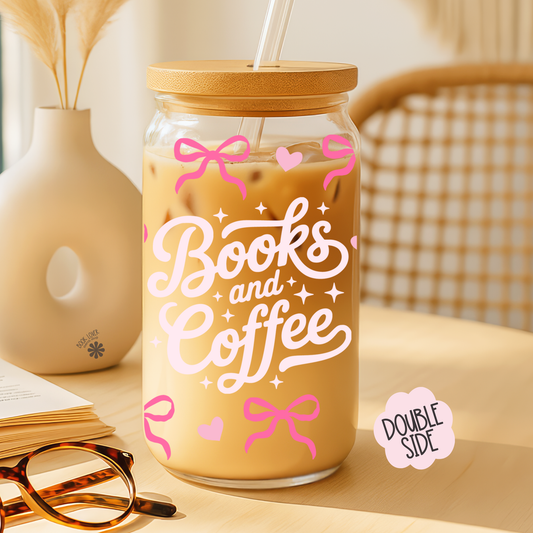 Books and Coffee 16 OZ Glass Can With Lid and Straw: READY-TO-USE 16 OZ GLASS CAN