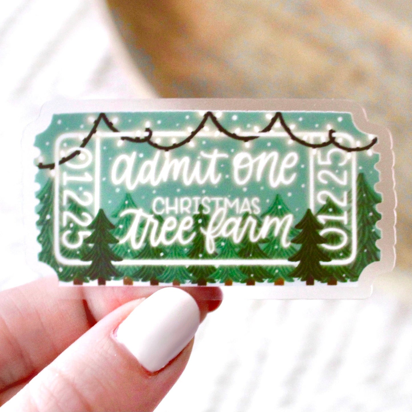 Christmas Tree Farm Admit One Sticker, 2.7x1.5 in. | Holiday