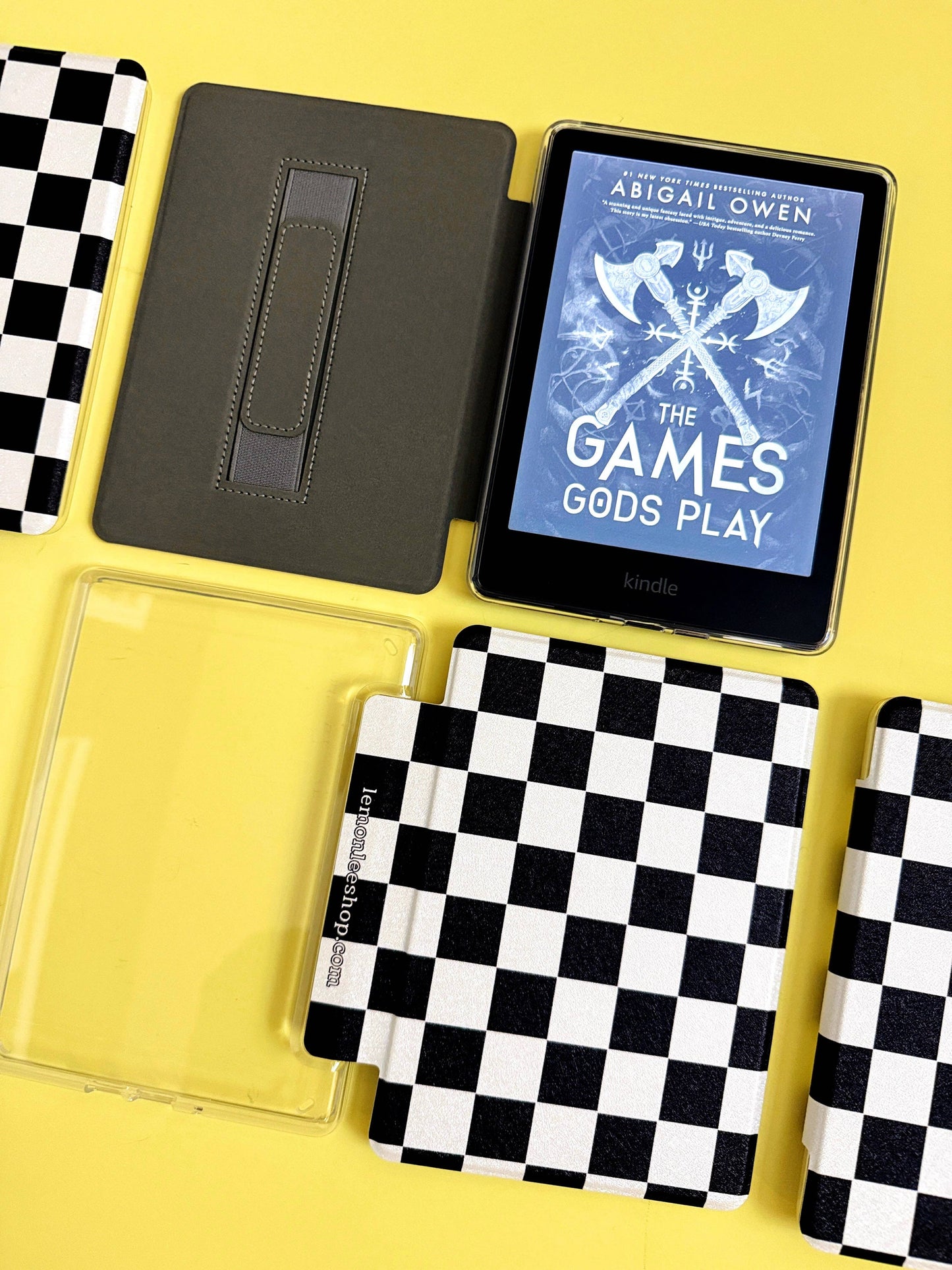Kindle Case Cover w/ Clear Back &Cover Strap - Classic Checkers: 6” Kindle Basic