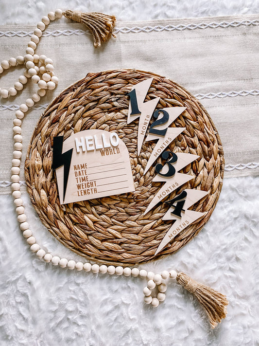 Wooden Monthly Milestone Set - Modern Lightning Bolt: Black / Hello World
