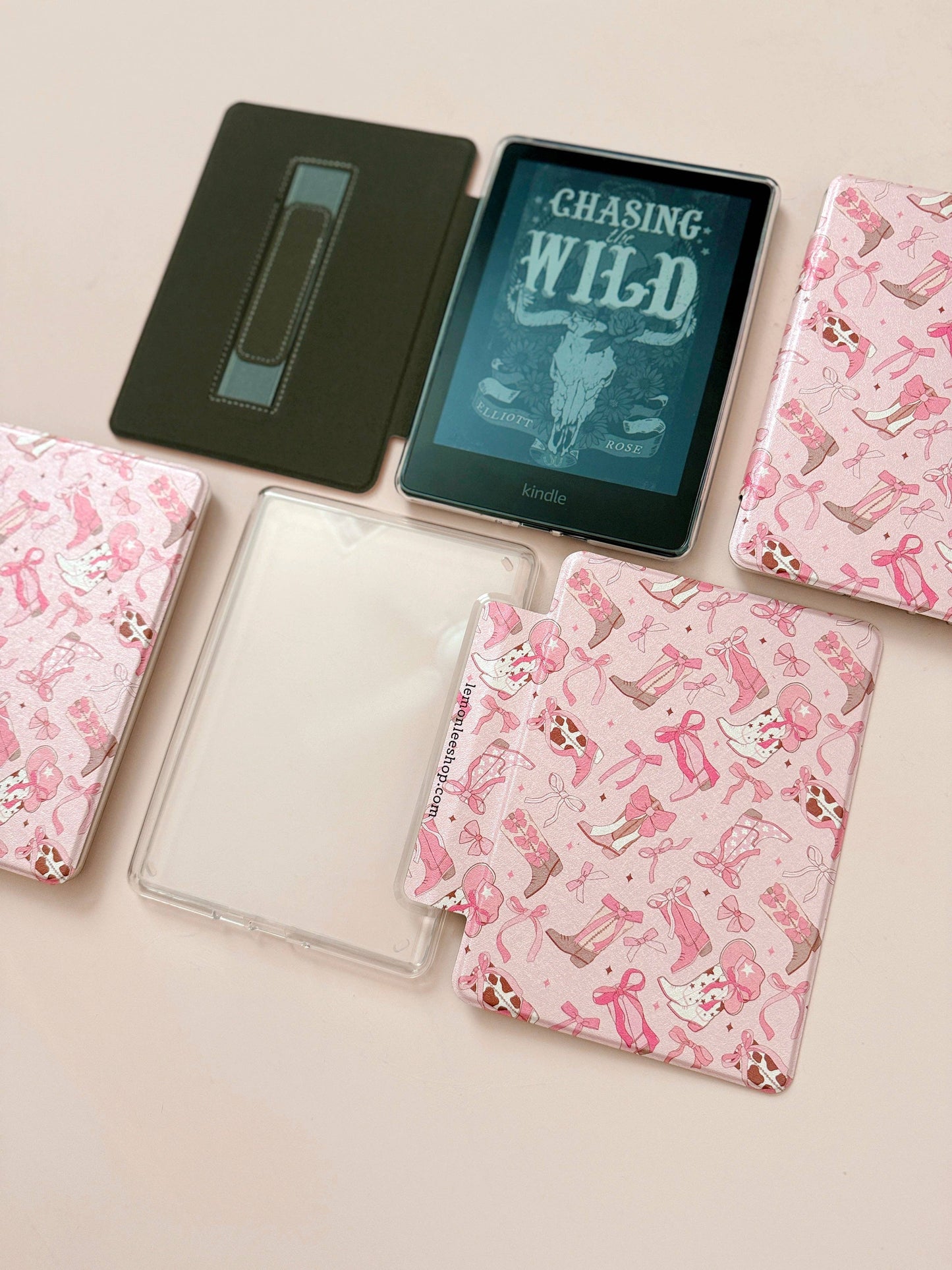 Kindle Case Cover w/ Clear Back & Cover Strap - Boots + Bows: 6” Kindle Basic
