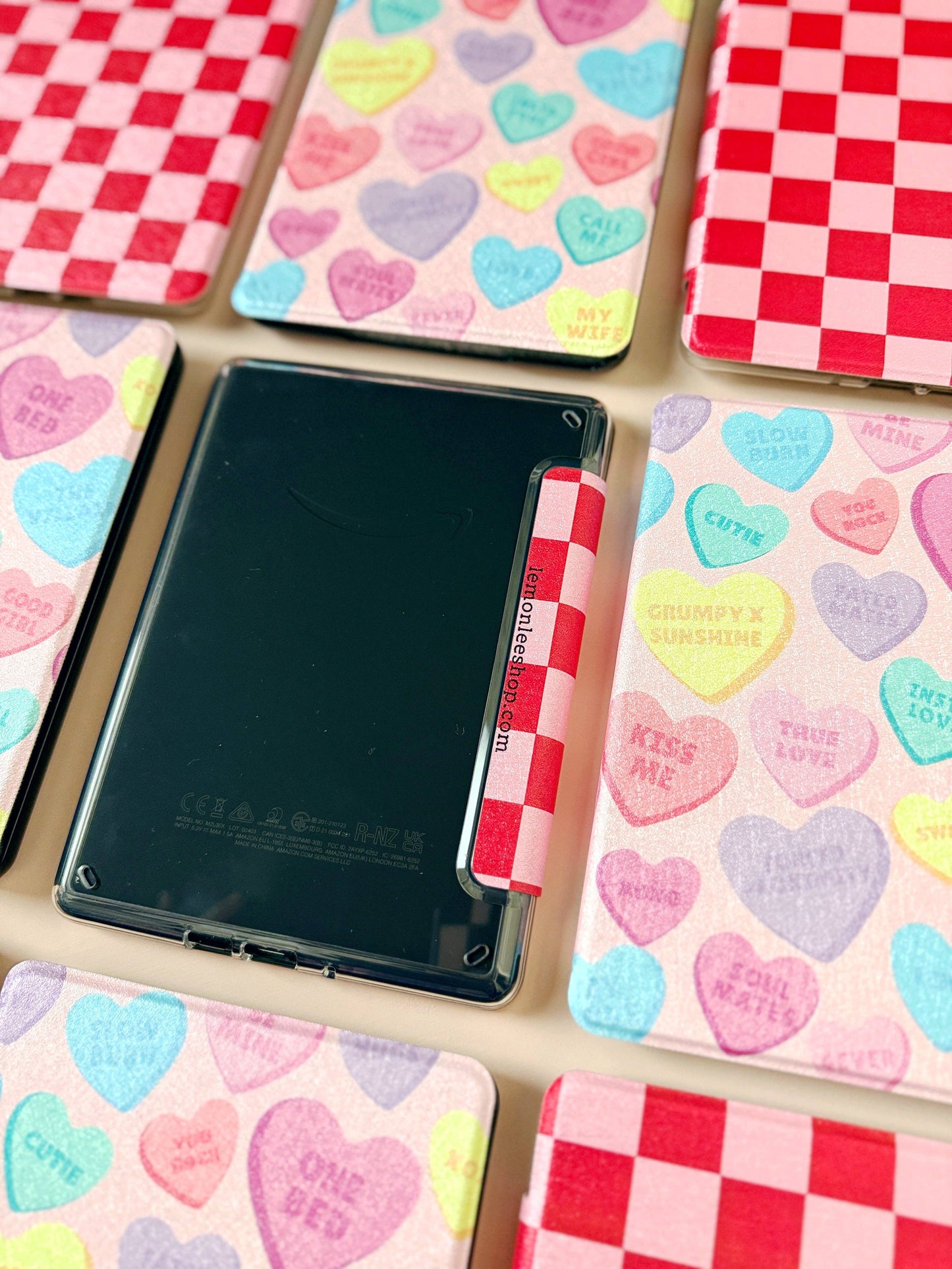 Kindle Case Cover w/ Clear Back & Cover Strap - Red/ Pink Checkers - 11th Generation 6.8” Paperwhite