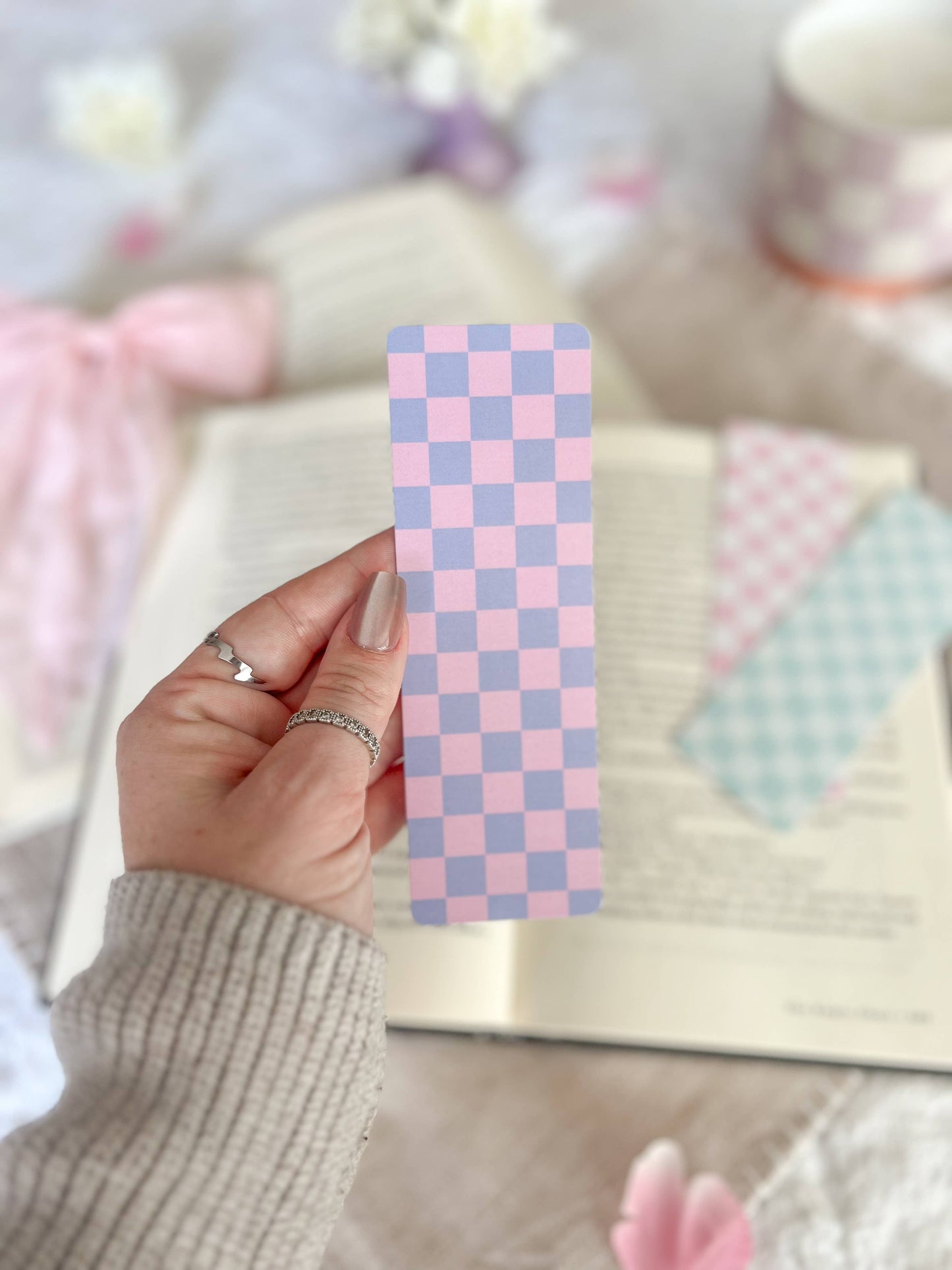 Cotton Candy Checkered Bookmarks, Spring Collection: Purple and Pink / Soft Touch Matte