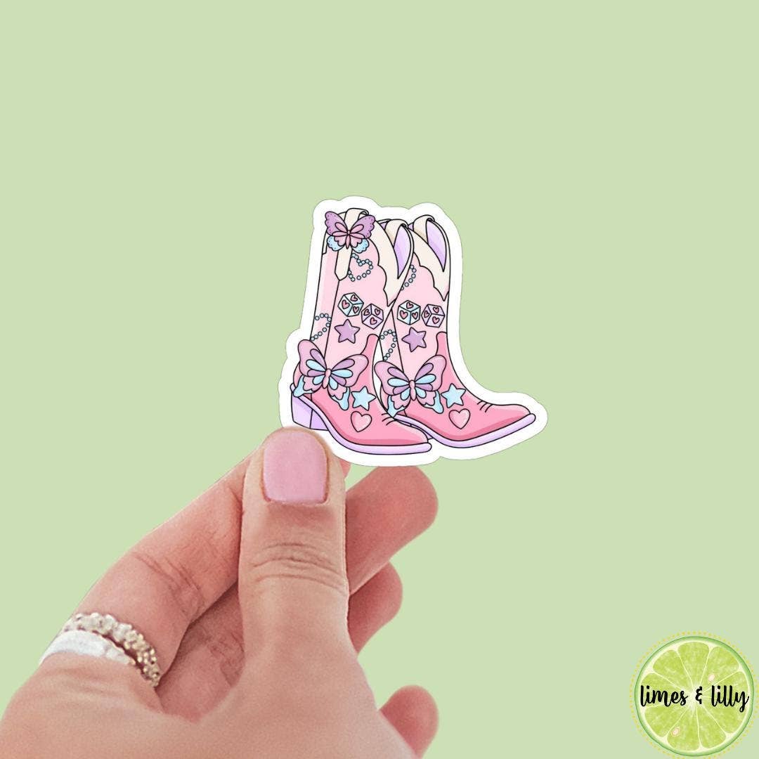 Pink Butterfly Cute Girly Cowgirl Boots vinyl sticker,: Holographic/Sparkly