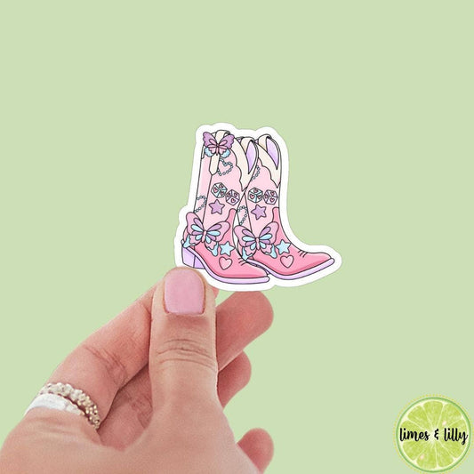 Pink Butterfly Cute Girly Cowgirl Boots vinyl sticker,: Holographic/Sparkly