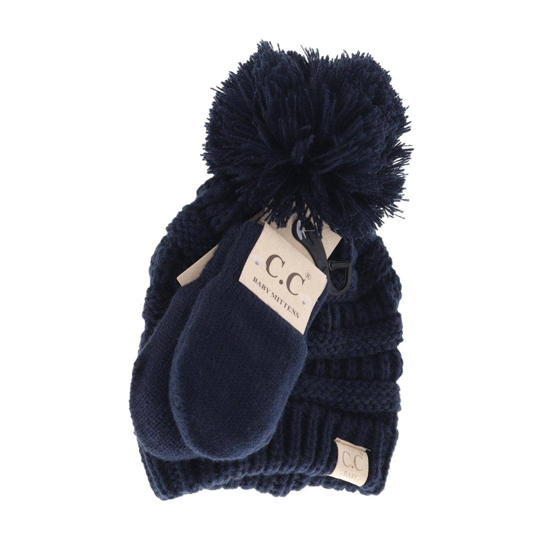 BABY Solid Knit Pom C.C Beanie with Mitten SET BABYSET2: Black