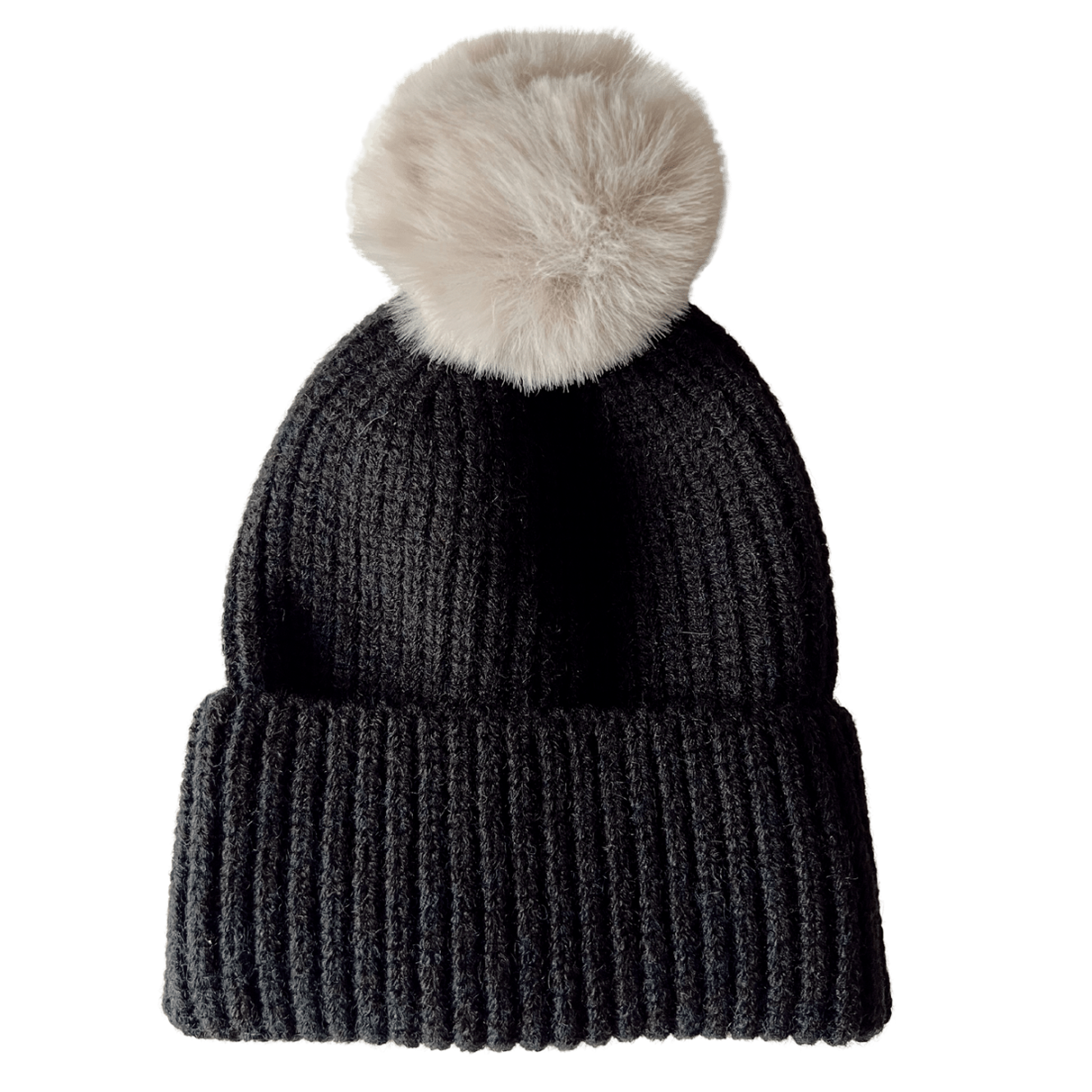 Rib Knit Fur Pom Hat, Obsidian: 0 - 12 mo.