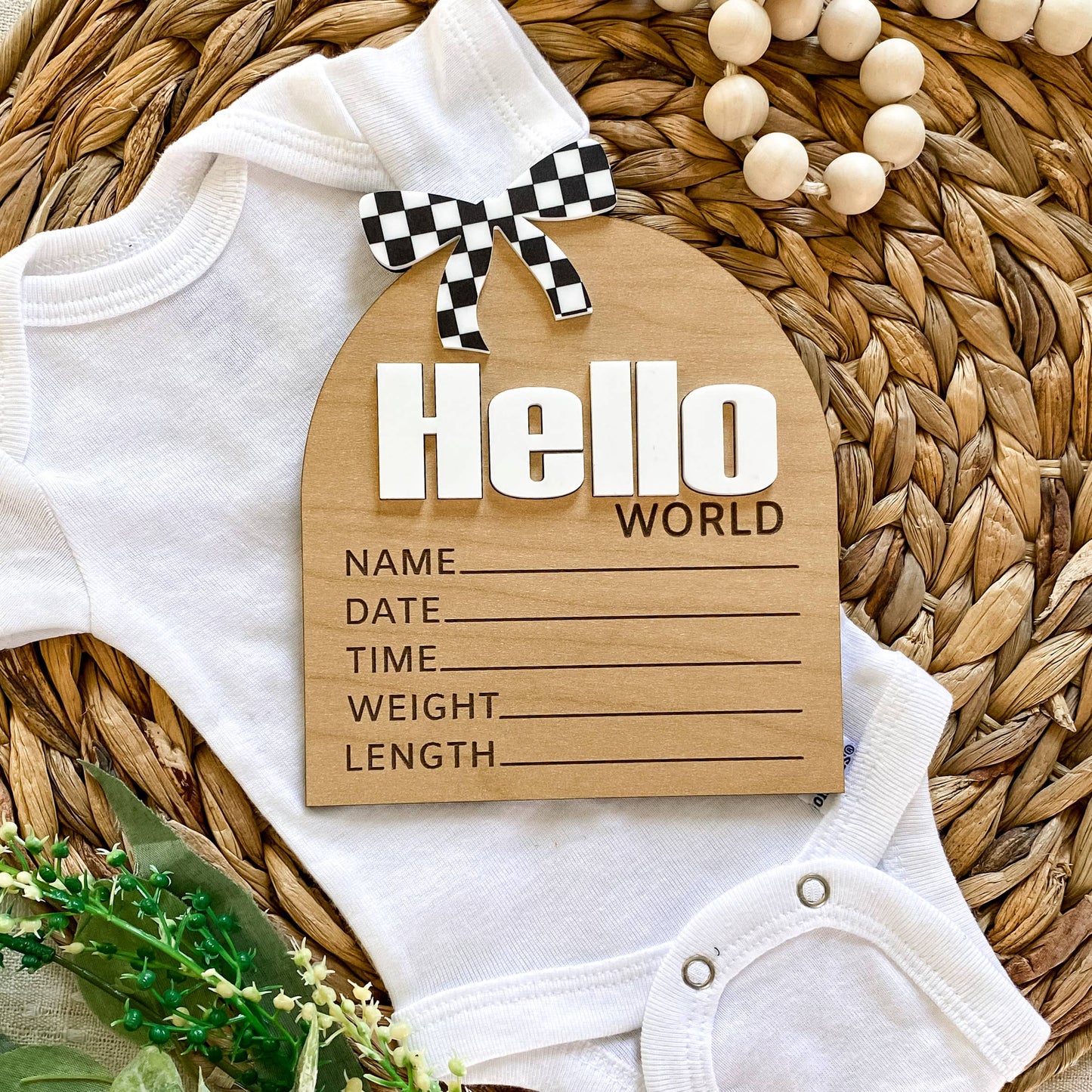 Hello World Birth Stat Sign - Checkered Bow: Black
