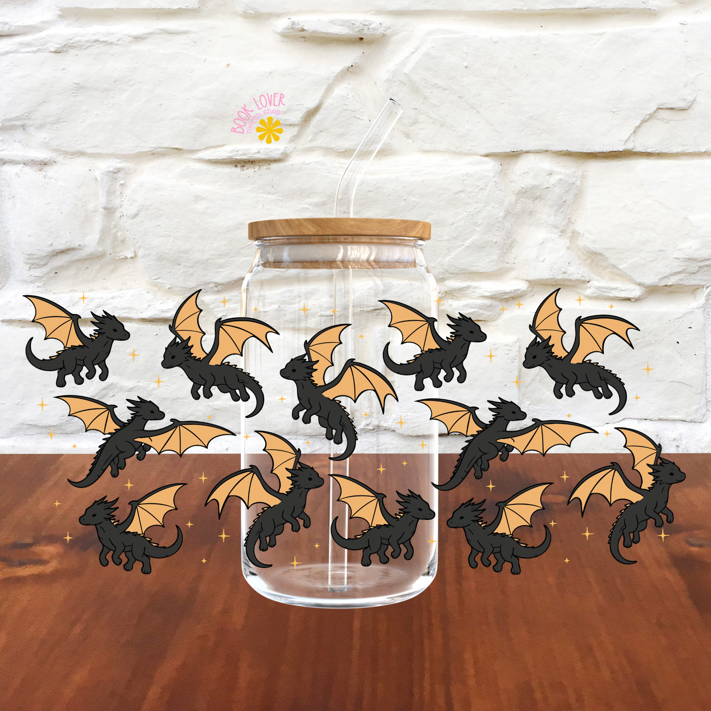 Black Dragons 16 OZ Glass Can With Lid and Straw : READY-TO-USE 16 OZ GLASS CAN
