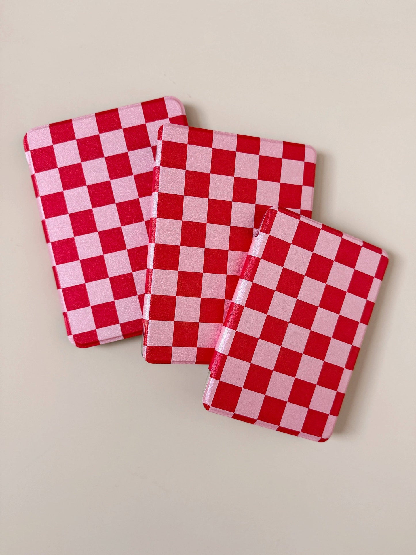 Kindle Case Cover w/ Clear Back & Cover Strap - Red/ Pink Checkers - 11th Generation 6.8” Paperwhite