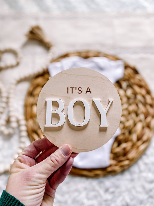 It’s a Boy Gender Reveal Announcement Sign - Round: White